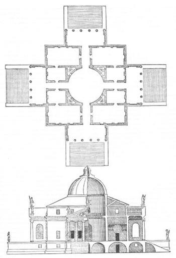  Villa Almerico-Capra, Grundriß und Schnitt in Palladios "I quattro libri dell' architettura", 1570. (Aus: Propyläen Kunstgeschichte, Kunst des 16. Jahrhunderts. fig. 17) 
