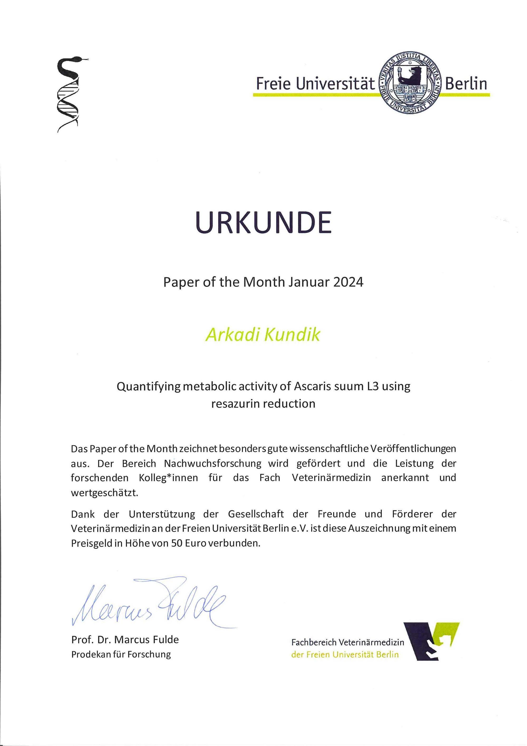 Urkunde Paper of the Month"