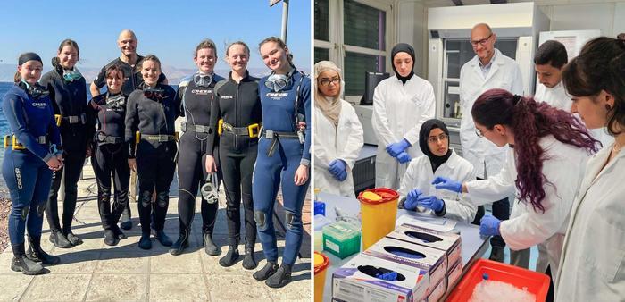 At and in the sea: Berlin students diving to protect the stony coral. In the lab: students from the University of Jordan preparing samples as part of the cell physiology practical course.